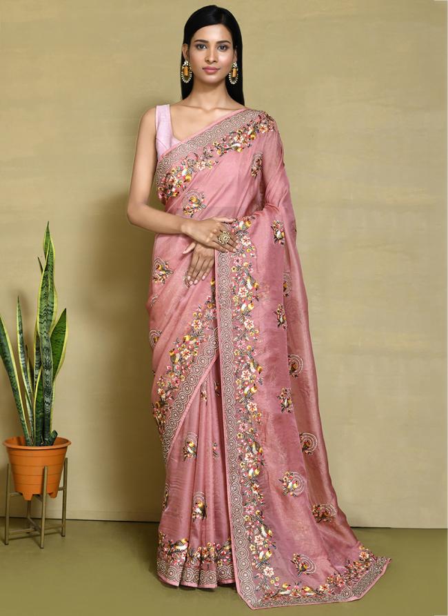 Net Organza Silk Pink Wedding Wear Embroidery Work Saree
